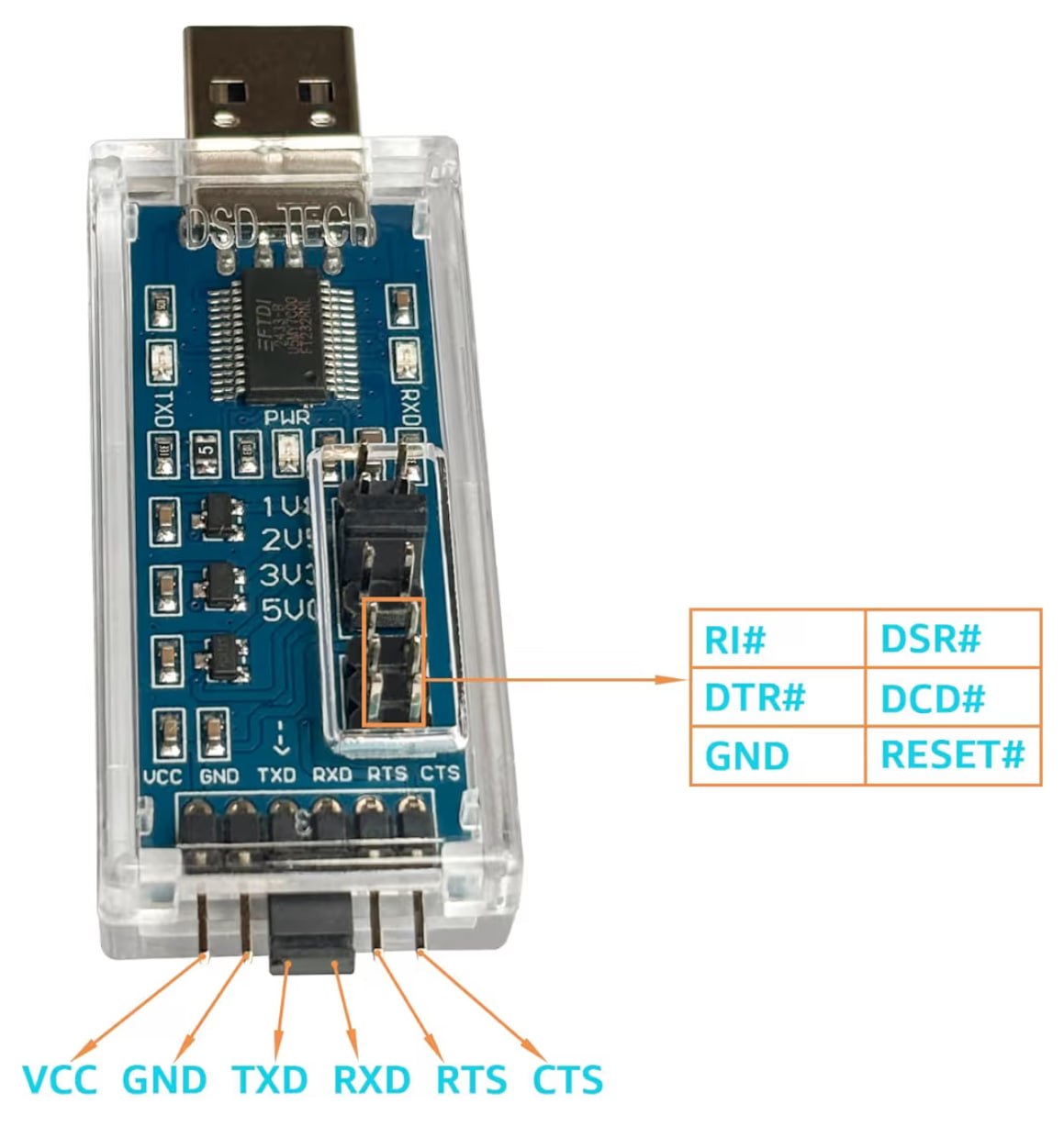 DSD TECH SH-U09C5 pin labels and DTR/RTS breakout mapping